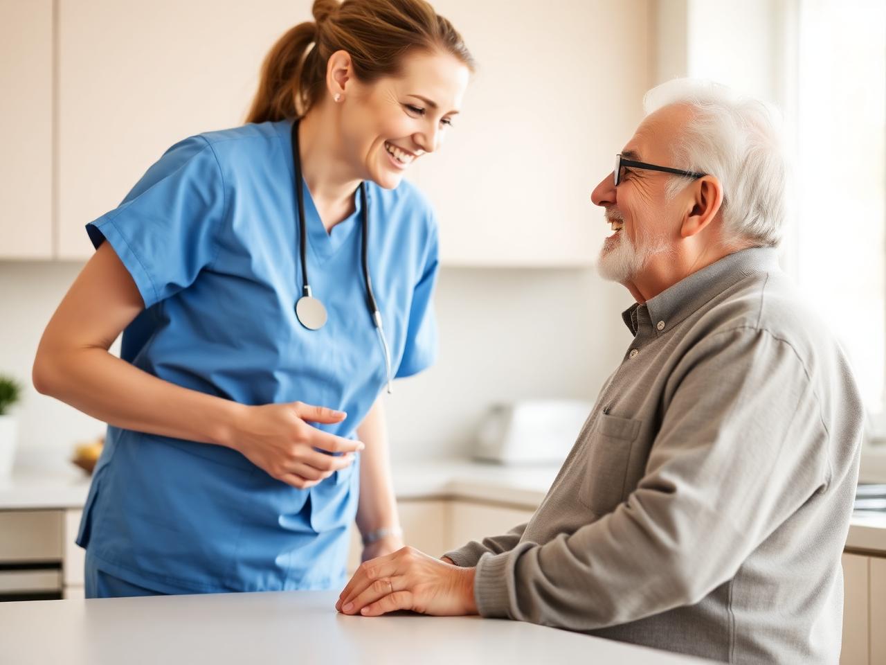 A friendly caregiver in scrubs sharing a laugh with an elderly man in a bright kitchen